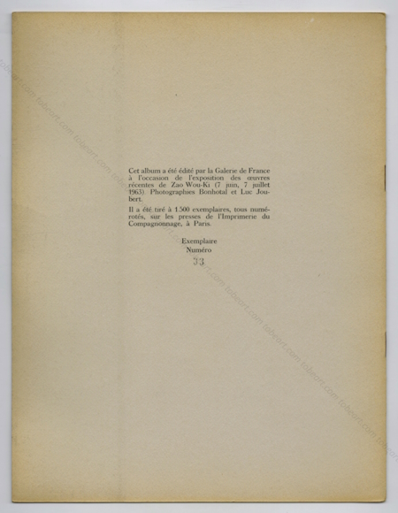 Zao Wou-Ki. Paris, Galerie de France, 1963.
