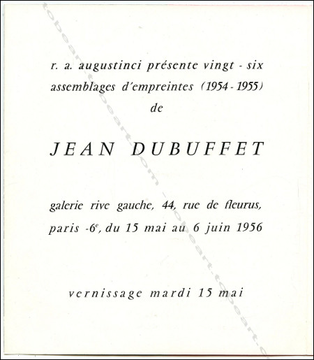 Carton d'invitation  l'exposition Jean DUBUFFET - Assemblages d'empreintes. Paris, Galerie Rive Gauche, 1956.