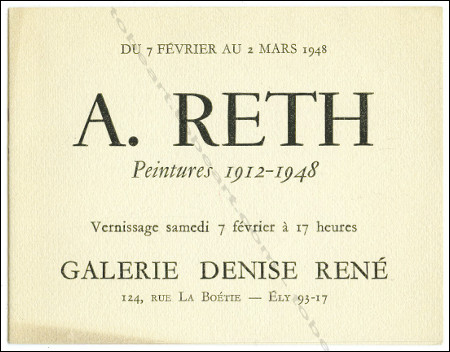 Carton d'invitation  l'exposition Alfred RETH - Peintures 1912-1948. Paris, Galerie Denise Ren, 1948.