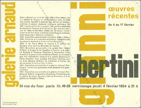 Carton d'invitation  l'exposition Gianni BERTINI - Oeuvres rcentes. Paris, Galerie Arnaud, 1954.