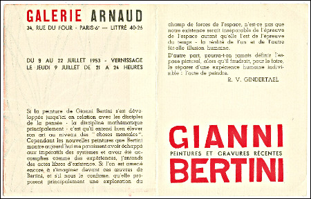 Carton d'invitation  l'exposition Gianni BERTINI - Peintures et gravures rcentes. Paris, Galerie Arnaud, 1953.