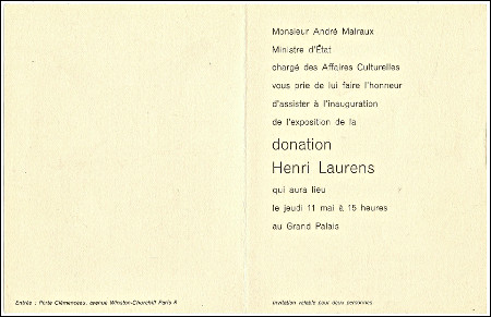 Carton d'invitation de l'exposition Donation Henri LAURENS. Paris, Ministre des Affaires Culturelles, 1967.