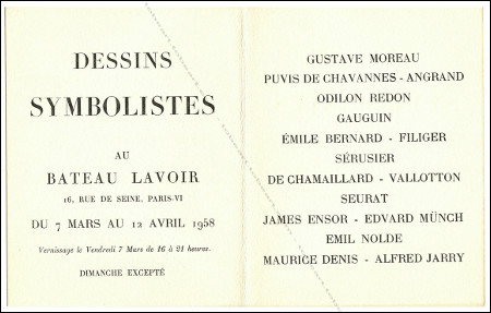 Carton d'invitation  l'exposition Dessins Symbolistes. Paris, Le Bateau Lavoir, 1958.