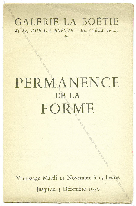 Carton d'invitation  l'exposition Permanence de la Forme. Paris, Galerie La Botie, 1950.