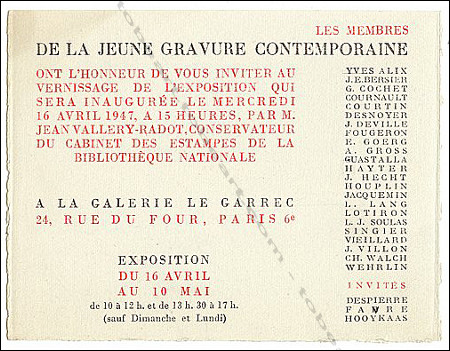 Carton d'invitation  l'exposition de la jeune gravure contemporaine. Paris, Galerie Le Garrec, 1947.