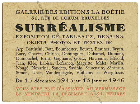 Carton d'invitation  l'exposition Surralisme. Bruxelles, Galerie Editions La Botie, 1945.