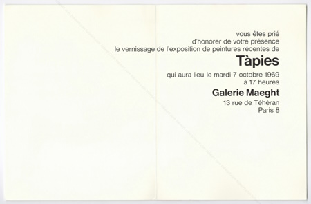 Carton d'invitation de l'exposition de Antoni TÀPIES - Peintures rcentes. Paris, Galerie Maeght, 1969.