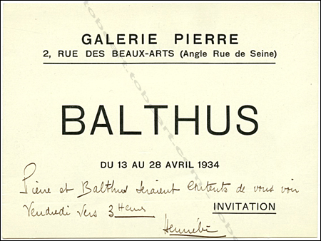 Carton d'invitation de l'exposition de BALTHUS  Paris, Galerie Pierre, en 1934.
