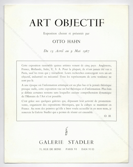 ART OBJECTIF. Paris, Galerie Stadler, 1967.