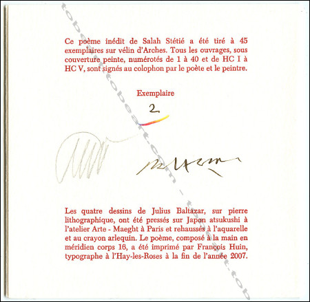 Julius BALTAZAR - Salah Stétié. Chant égorgé d'alouette. Nice, Matarasso, 2007.
