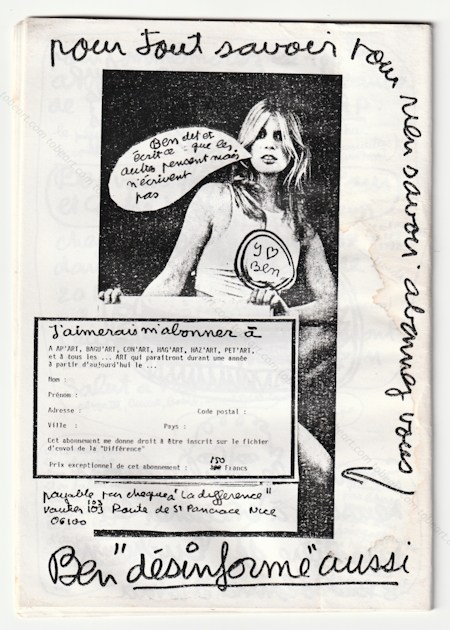 bagn'art. Bulletin intrieur de la diffrence. BEN (Vautier). Nice, Ben, 1987.