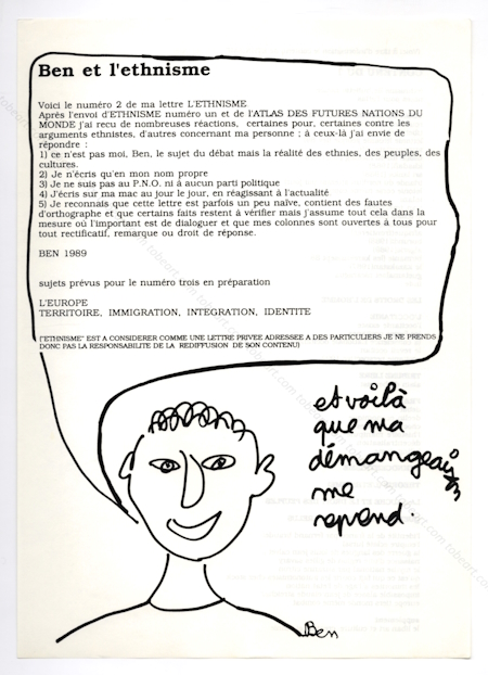 Branc'art. Bulletin intérieur de la différence. BEN (Vautier). Nice, Ben, 1986.