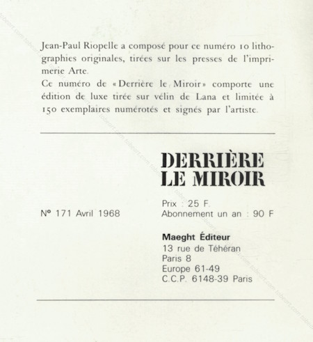 DERRIERE LE MIROIR n°171 - Jean-Paul RIOPELLE. Paris, Maeght, 1968.