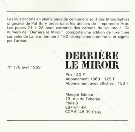 DERRIERE LE MIROIR n178 - Pol BURY. Paris, Maeght, 1969.