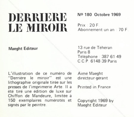 DERRIERE LE MIROIR n180. Antoni TPIES. Paris, Maeght, 1969.