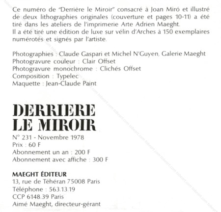 Joan MIRO - DERRIERE LE MIROIR n231. Paris, Maeght, 1978.