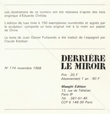 Eduardo CHILLIDA - DERRIERE LE MIROIR n174. Paris, Maeght, 1968.