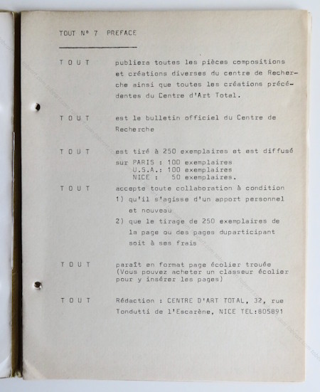 BEN (Vautier). TOUT n�7. Nice, Centre d'Art total (Ben), (1965).