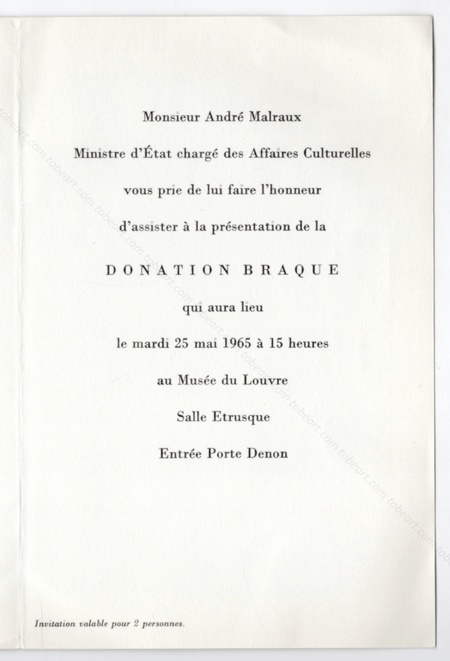 Présentation de la donation BRAQUE. Paris, Réunion des Musées Nationaux, 1965.