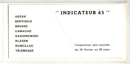 INDICATEUR 65. Paris, Galerie Mathias Fels, 1965.