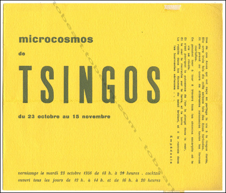 Carton d'invitation à l'exposition Microcosmos de TSINGOS. Paris, Galerie Iris Clert, 1956.