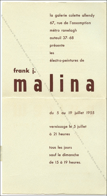 Carton d'invitation à l'exposition Les électro-peintures de Franck Joseph MALINA. Paris, Galerie Colette Allendy, 1955.