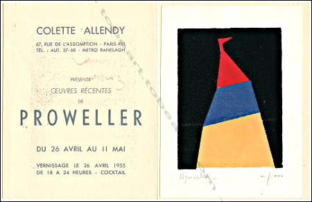Carton d'invitation à l'exposition Oeuvres récentes de PROWELLER. Paris, Galerie Colette Allendy, 1955.