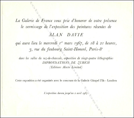 Carton d'invitation de l'exposition de Alan DAVIE. Paris, Galerie de France, 1967.