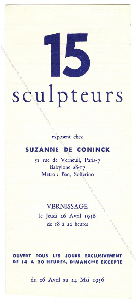 Carton d'invitation à l'exposition 15 sculpteurs. Paris, Suzanne de Coninck, 1956.