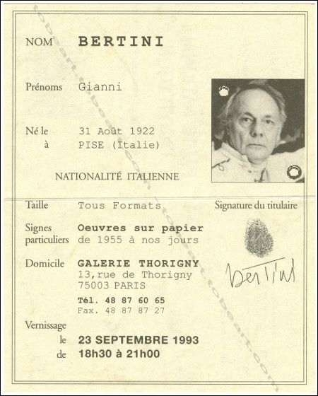 Invitation de Gianni Bertini - Paris, Galerie Thorigny, 1993.