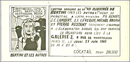 Carton d'invitation à l'exposition de Gianni BERTINI et les autres. Paris, Galerie J, 1963.