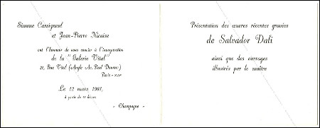 Carton d'invitation de l'exposition Oeuvres récentes gravées de Salvador DALI. Paris, Galerie Vital, 1968.