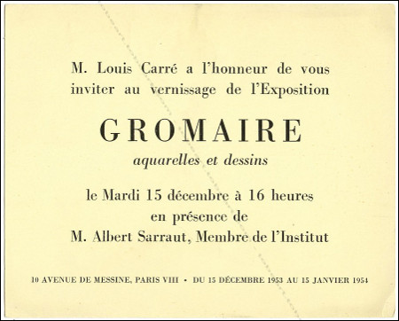 Carton d'invitation à l'exposition Marcel GROMAIRE. Paris, Galerie Louise Carré, 1953.