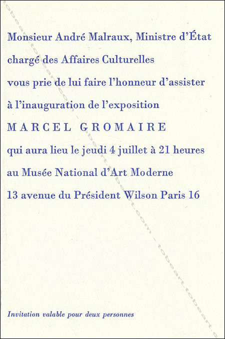 Carton d'invitation à l'exposition Marcel GROMAIRE. Paris, Galerie Louise Carré, 1962.