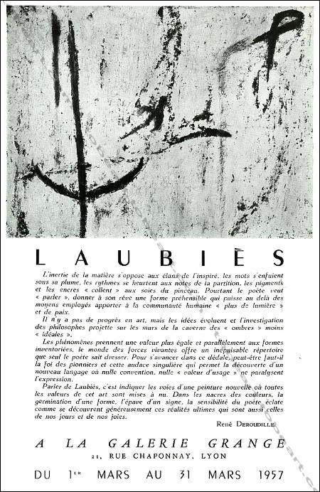 Carton d'invitation à l'exposition de René LAUBIÈS. Lyon, Galerie Grange, 1957.