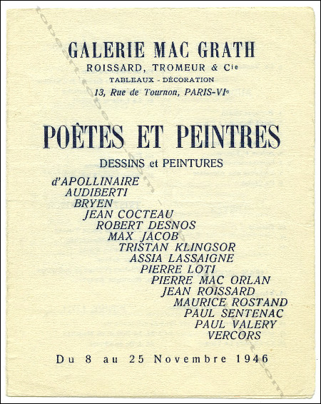 Carton d'invitation à l'exposition Poètes et Peintres - Dessins et Peintures. Paris, Galerie Mac Grath, 1946.