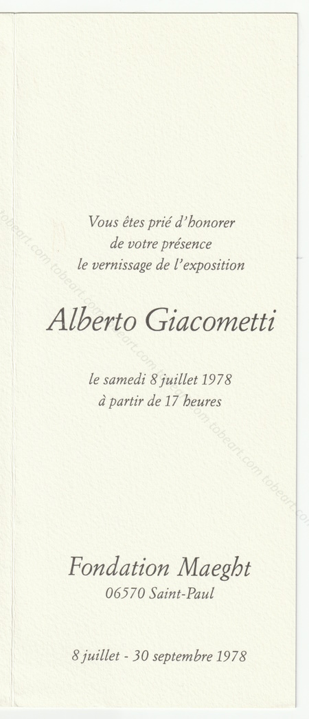 Carton d'invitation de l'exposition de Alberto GIACOMETTI. Vence, Fondation Maeght, 1978.