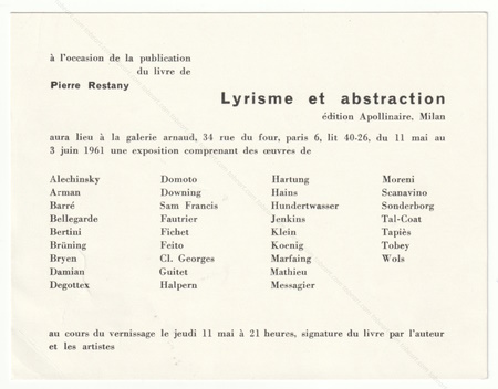 Lyrisme et Abstraction. Paris, Galerie Arnaud, 1961