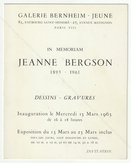 In memoriam Jeanne BERGSON 1893-1961. Dessins - Gravures. Paris, Galerie Bernheim Jeune, 1963.