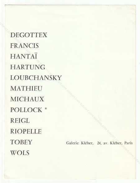L'exemplaire dans l'aventure picturale des dix dernires annes II, Toiles nouvelles. Paris, Galerie Klber, 1957.