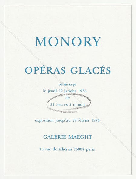 Jacques MONORY - Opras glacs. Paris, Galerie Maeght, 1976.