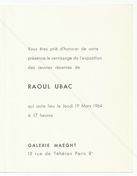Raoul UBAC - Oeuvres rcentes. Paris, Galerie Maeght, 1964.
