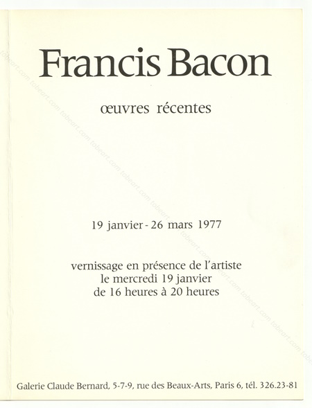Francis BACON - Oeuvres récentes. Paris, Galerie Claude Bernard, 1977.