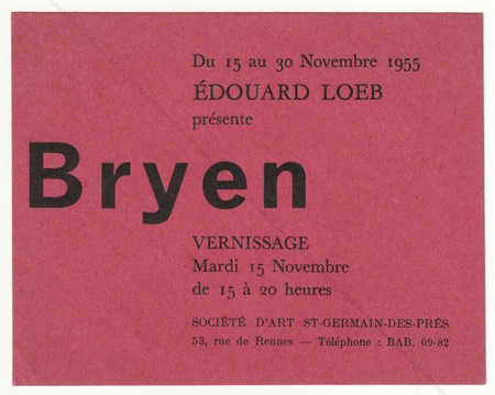 Camille BRYEN. Paris, Galerie Edouard Loeb, 1955.