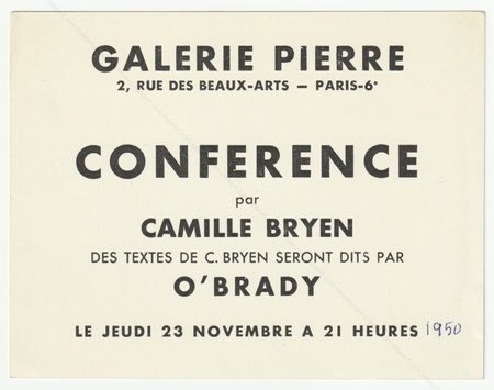 Camille BRYEN - Confrence. Paris, Galerie Pierre, (1950).