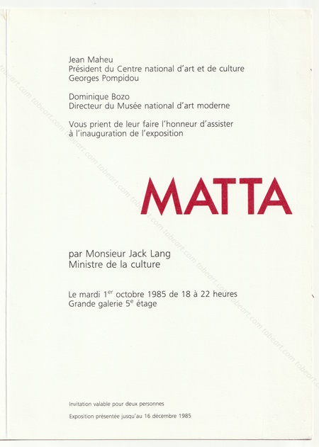 Roberto MATTA. Paris, Centre Georges Pompidou, 1985.
