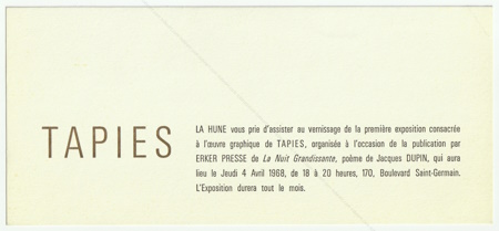 Antoni TPIES - L'oeuvre graphique. Paris, La Hune, 1968.