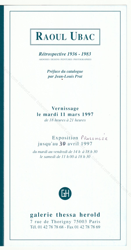 Raoul UBAC - Rétrospective 1936-1983. Ardoises Dessins Peintures Photographies. Paris, Galerie Thessa Herold, 1997.