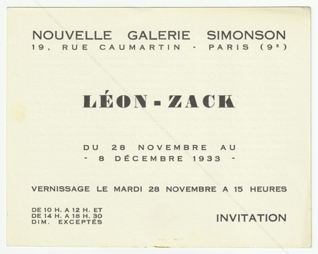 Lon ZACK. Paris, Nouvelle Galerie Simonson, 1933.
