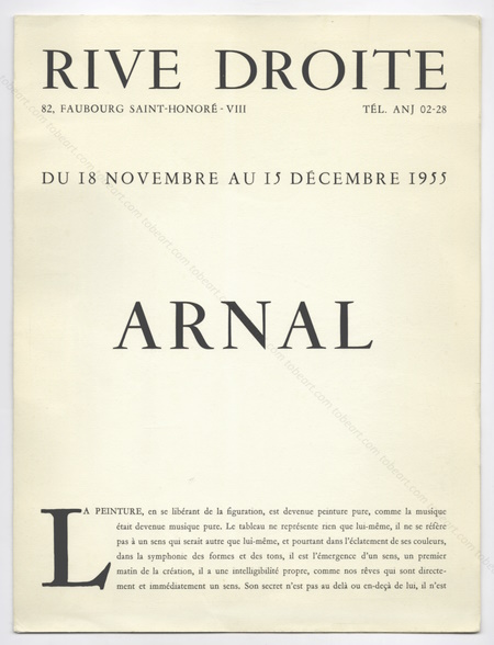 Franois ARNAL. Paris, Galerie Rive Droite, 1955.